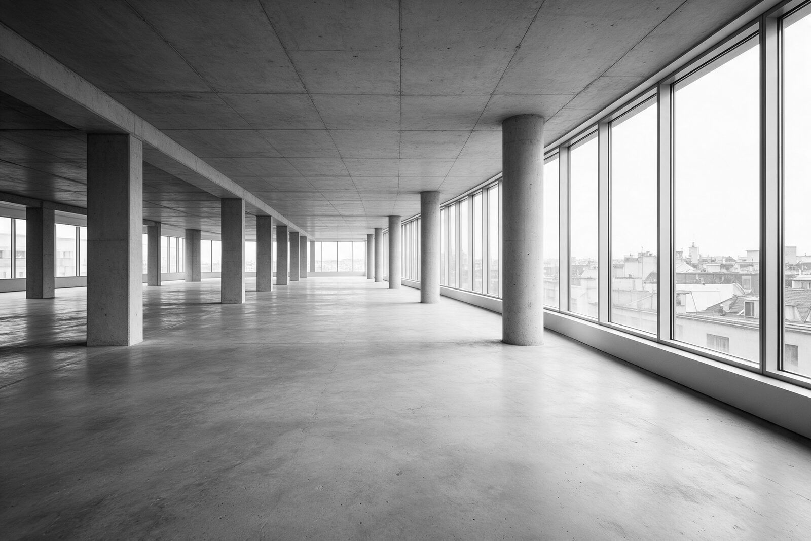 Boş ofis katı: beton kolonlar ve boydan pencereler, siyah-beyaz